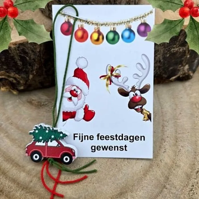 Mini kaartje "Fijne Feestdagen" met Auto Gelukshanger