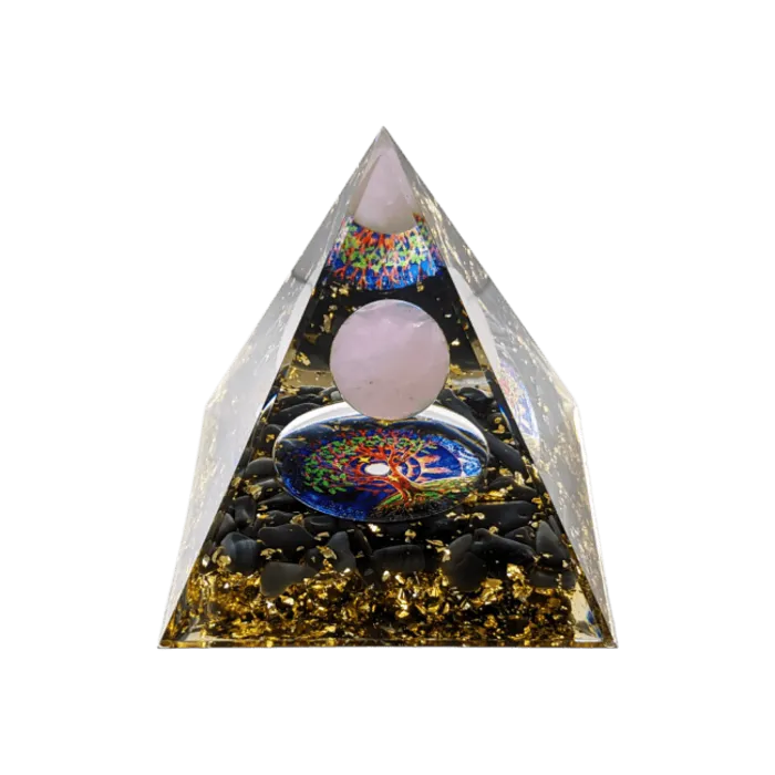 Orgonite Piramide  Rozenkwarts & Zwarte Obsidiaan Tree of Life