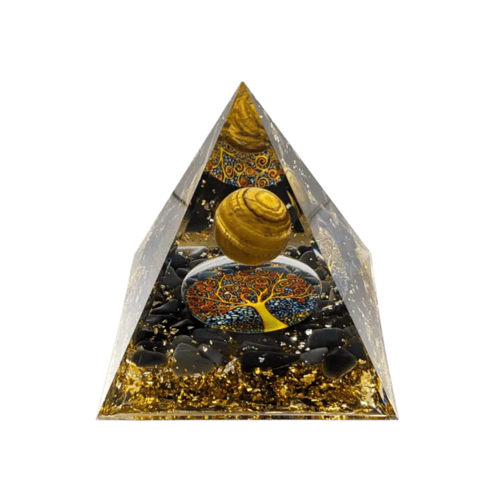 Orgonite Piramide  Tijgeroog & Zwarte Obsidiaan Tree of Life