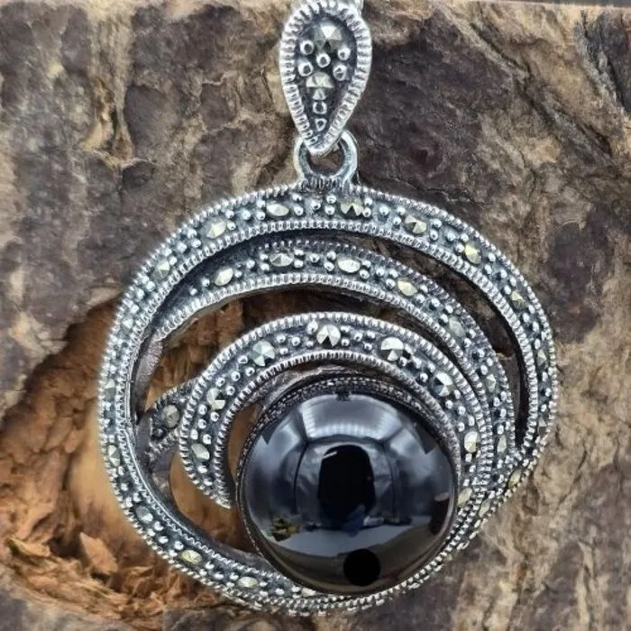 Spiraal zilver Obsidiaan markasiet