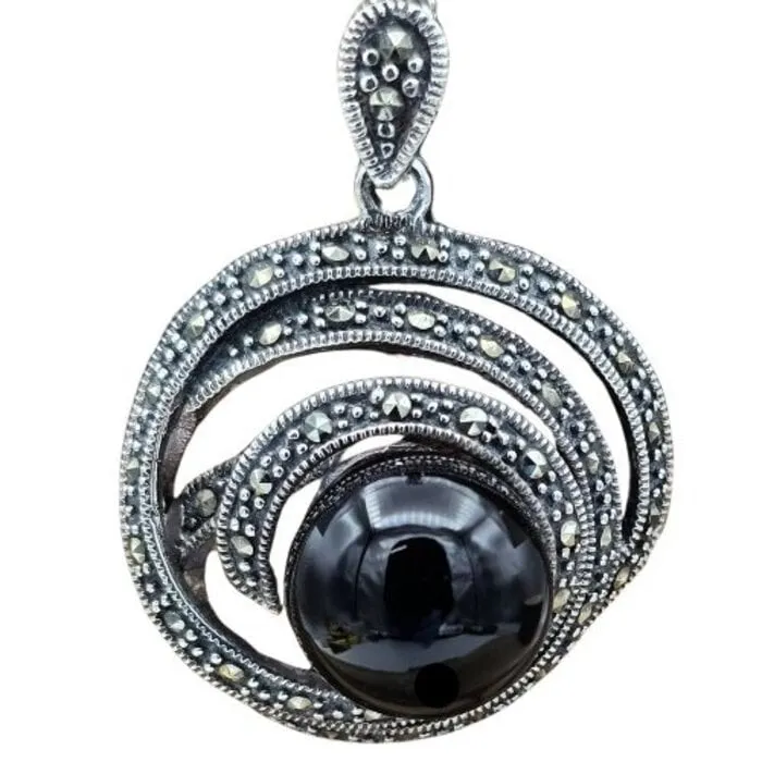 Spiraal zilver Obsidiaan markasiet