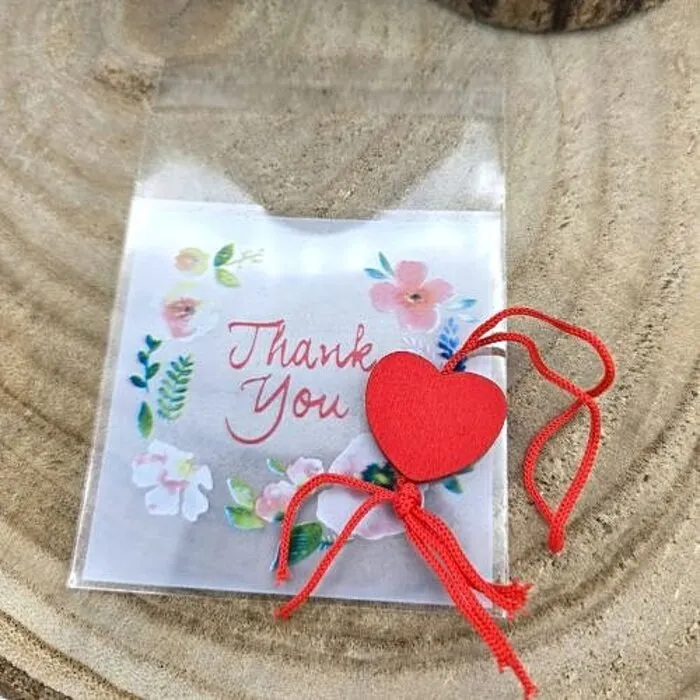 Thank You zakjes en Houten Hart - Set van 10 | 7x7 cm