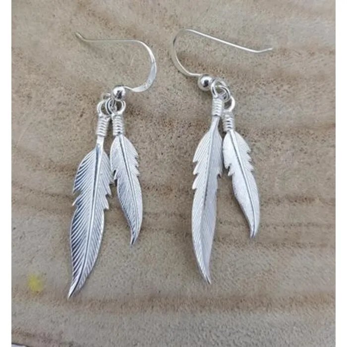 Zilveren dubbele veer oorbellen hangers