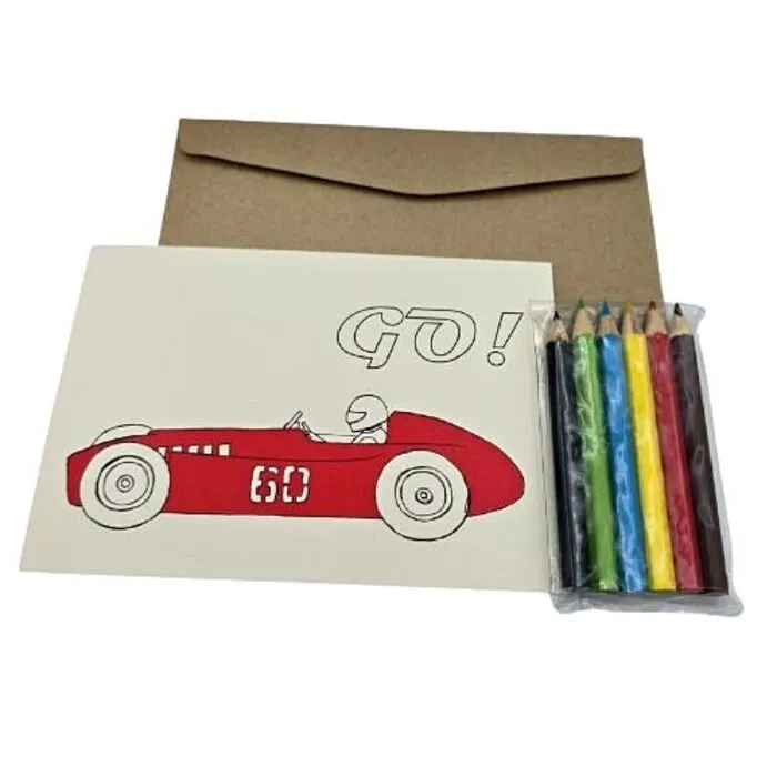 Kleur je eigen kaart - Raceauto | Wenskaart met Kleurpotloden en Envelop