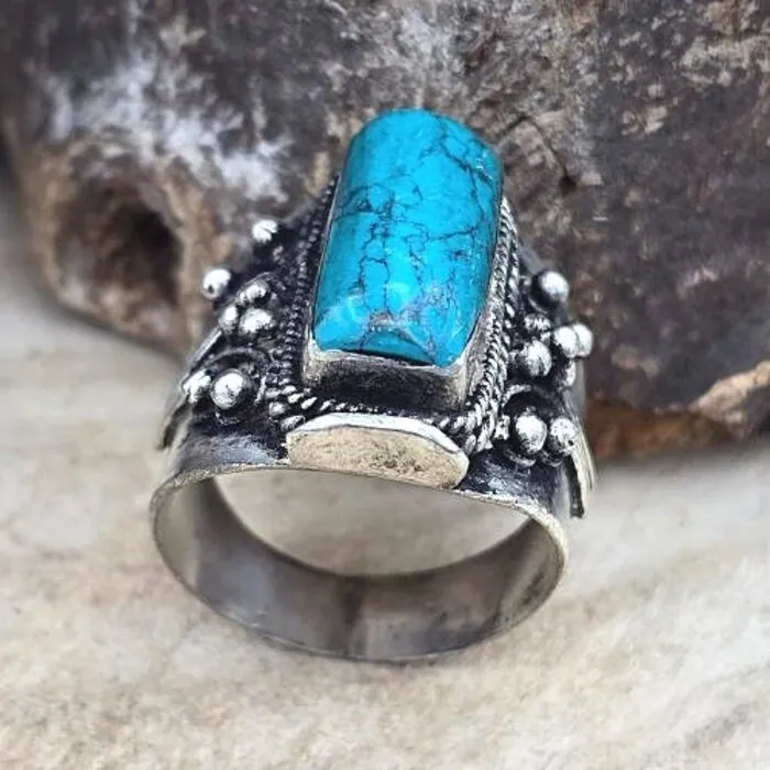 Statement Ring – Wit Metaal met Turkoois maat 13