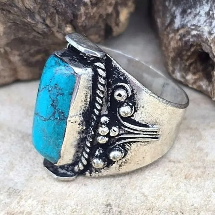 Statement Ring – Wit Metaal met Turkoois maat 13,5