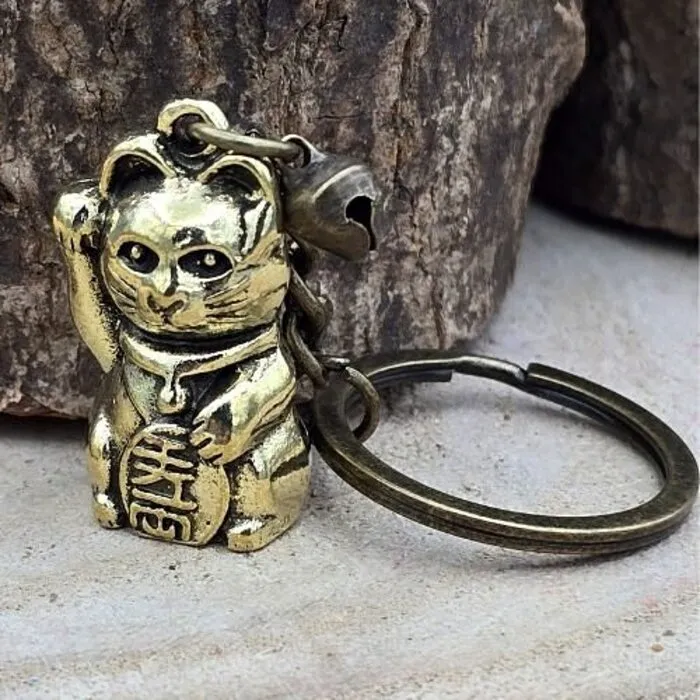 Lucky cat sleutelhanger metaal met belletje en kaartje