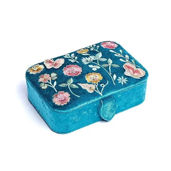 Sieraden / tarotdoos fluweel blauw met bloemen