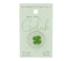 Geluksmuntje klavertje 4 “Heel veel geluk” op kaart