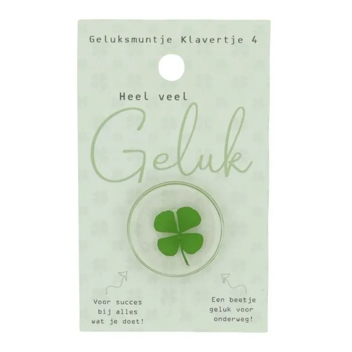 Geluksmuntje klavertje 4 “Heel veel geluk” op kaartje