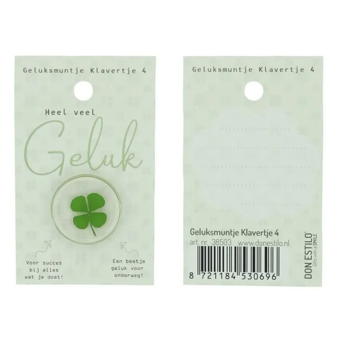 Geluksmuntje klavertje 4 “Heel veel geluk” op kaart