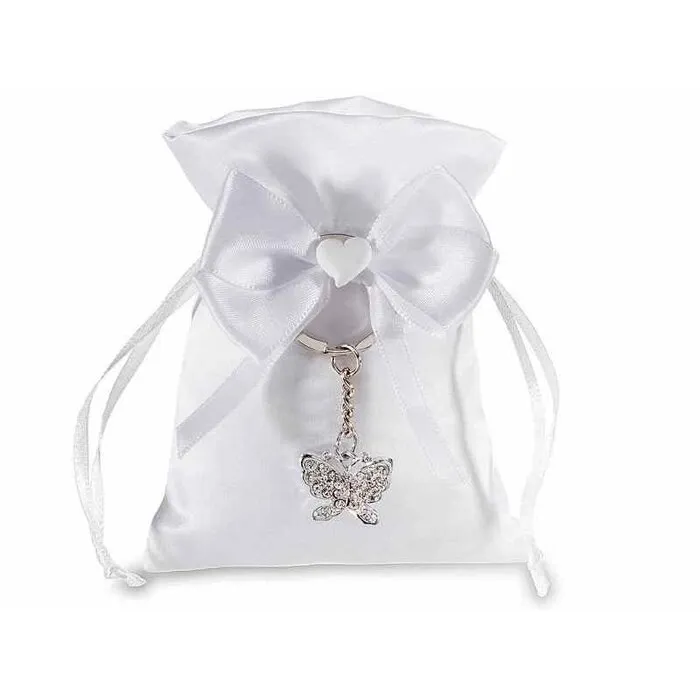 Satijnen zakje met metalen vlindersleutelhanger