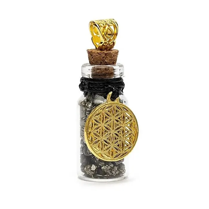 Geschenkflesje aan koord met pyriet en Bloem des Levens