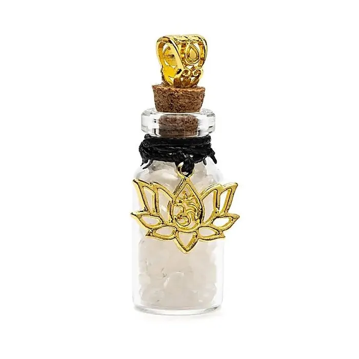 Geschenkflesje aan koord met bergkristal en lotusbloem