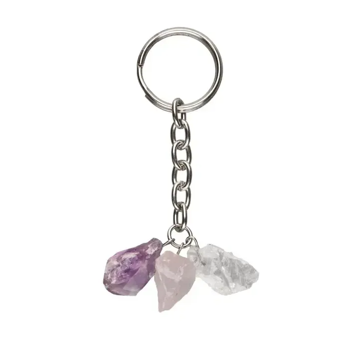 Sleutelhanger gouden driehoek Bergkristal-Amethist-Rozenkwarts