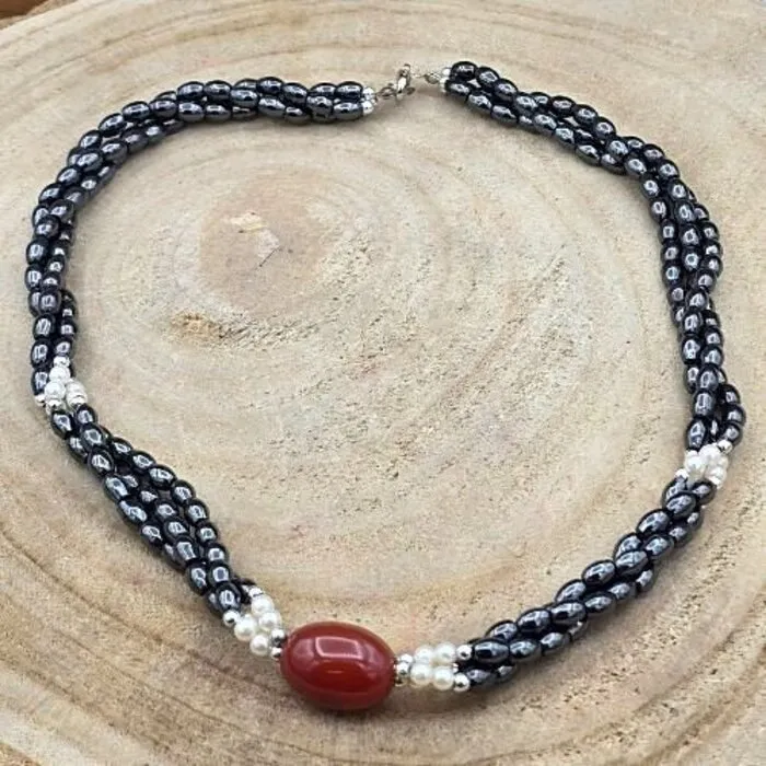 Halsketting met Magnetische Hematiet, Parels & Carneool