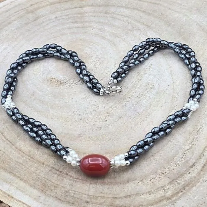 Halsketting met Magnetische Hematiet, Parels & Carneool