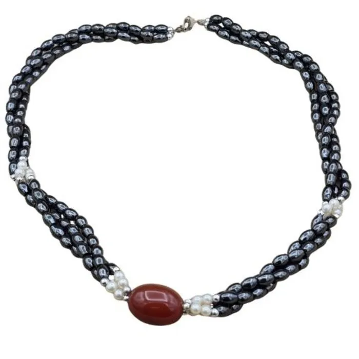 Halsketting met Magnetische Hematiet, Parels & Carneool