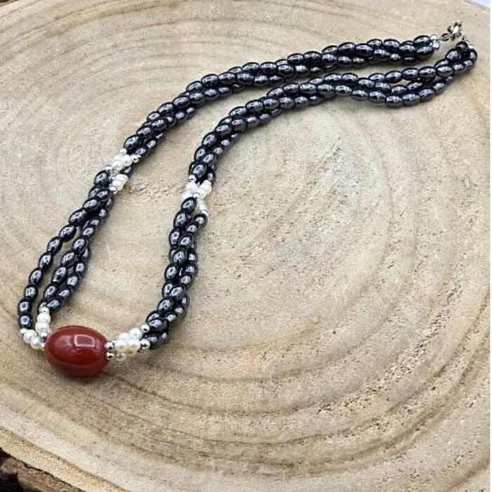 Halsketting met Magnetische Hematiet, Parels & Carneool