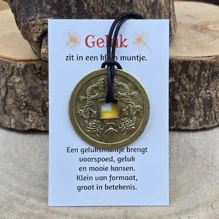 Geluksmunt aan koord met kaartje