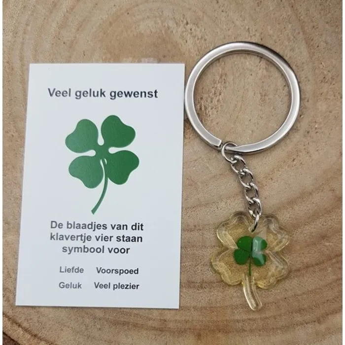 Sleutelhanger klaver vier in klaver vorm met kaartje