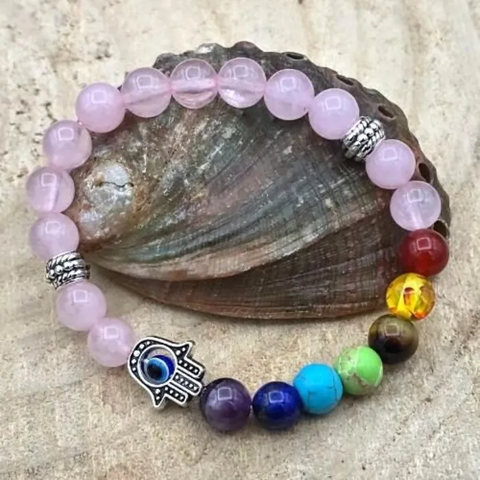 Rozenkwarts Armband 8 mm met Chakra & Handje van Fatima