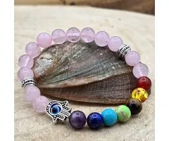 Rozenkwarts Armband 8 mm met Chakra & Handje van Fatima