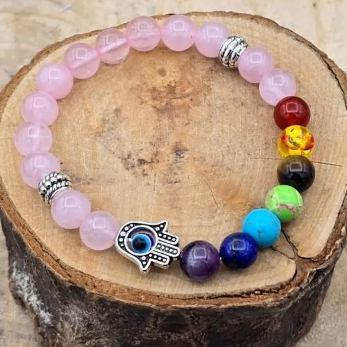 Rozenkwarts Armband 8 mm met Chakra & Handje van Fatima