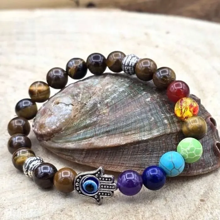 Tijgeroog Armband 8 mm met Chakra & Handje van Fatima
