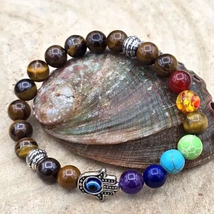 Tijgeroog Armband 8 mm met Chakra & Handje van Fatima