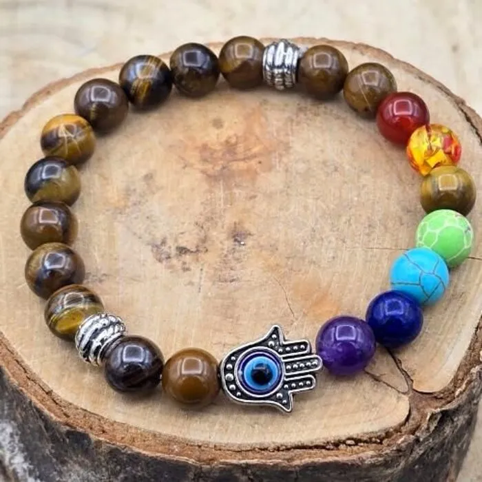 Tijgeroog Armband 8 mm met Chakra & Handje van Fatima