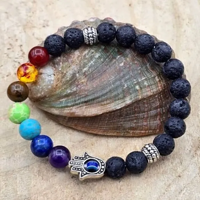 Lava Steen Armband 8 mm met Chakra & Handje van Fatima