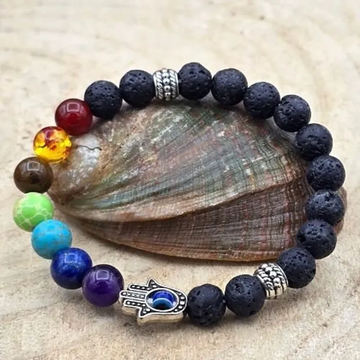 Lava Steen Armband 8 mm met Chakra & Handje van Fatima