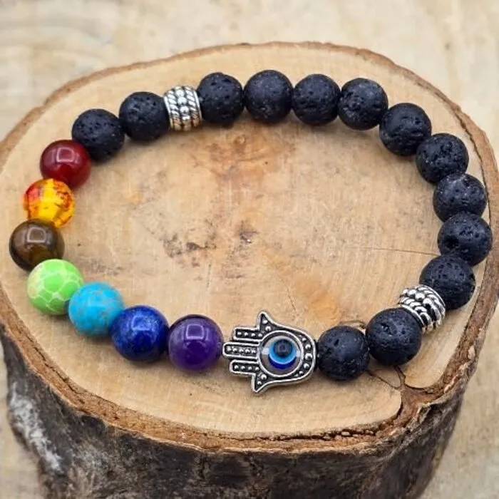 Lava Steen Armband 8 mm met Chakra & Handje van Fatima