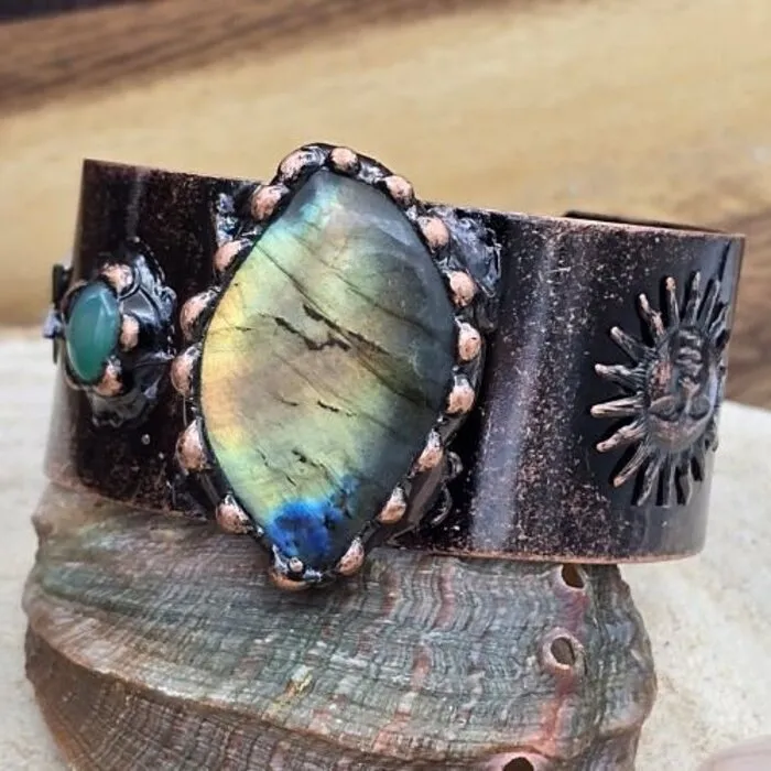 Koperen Armband Labradoriet & Groene Agaat Verstelbaar