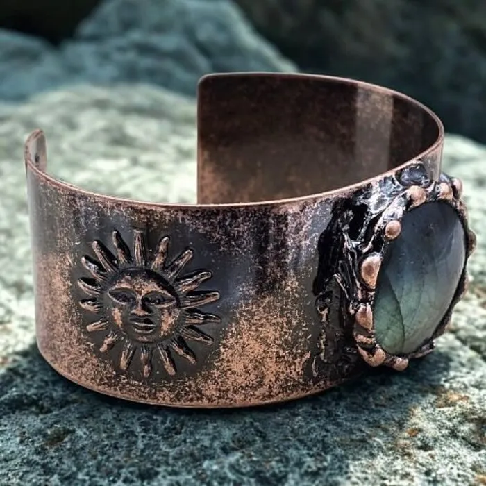 Koperen Armband Labradoriet & Groene Agaat Verstelbaar