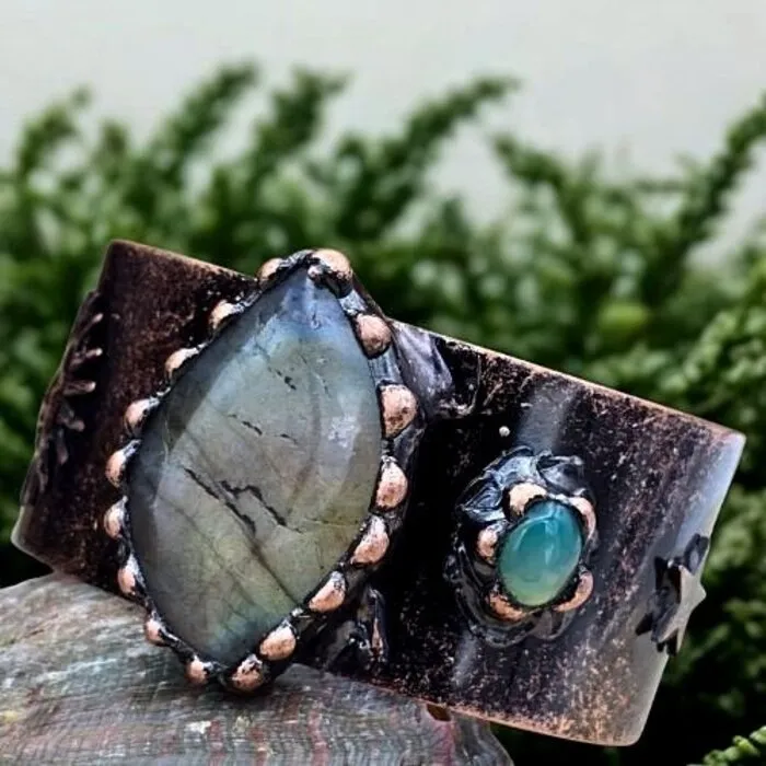 Koperen Armband Labradoriet & Groene Agaat Verstelbaar