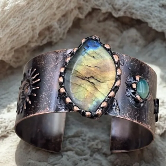 Koperen Armband Labradoriet & Groene Agaat Verstelbaar