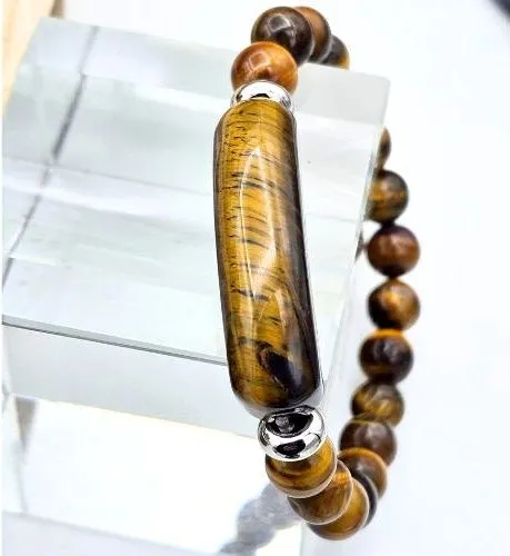 Tijgeroog armband met rechthoekige en ronde kralen