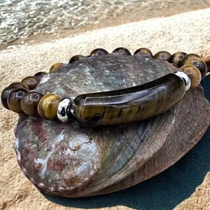 Tijgeroog armband met rechthoekige en ronde edelsteenkralen