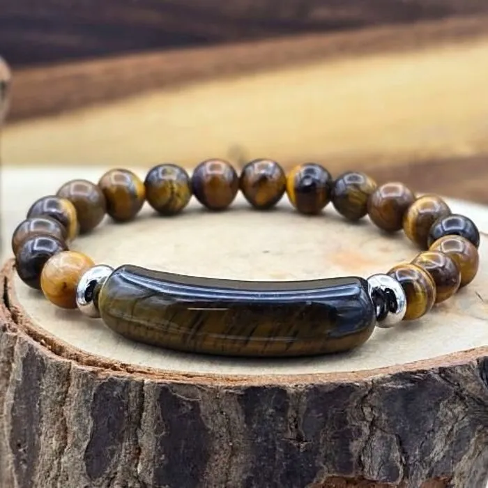 Tijgeroog armband met rechthoekige en ronde edelsteenkralen