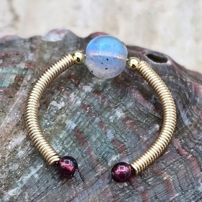 Verstelbare Labradoriet Ring met Goudkleurige  Afwerking – Natuursteen