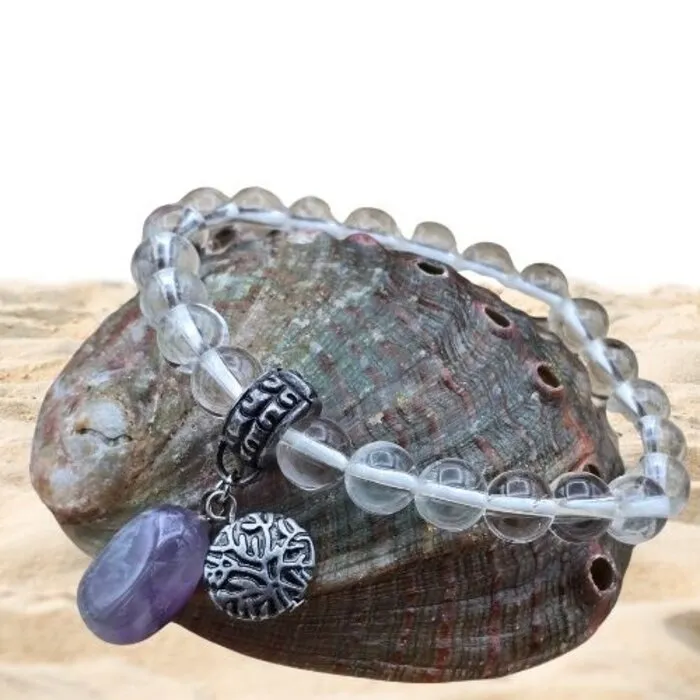 Armband Bergkristal met Levensboom & Amethist 8mm