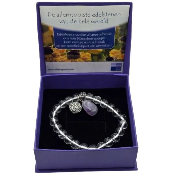 Armband Bergkristal met Levensboom & Amethist 8mm