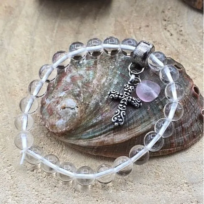 Armband Bergkristal & Rozenkwarts met Kruisje - 8mm