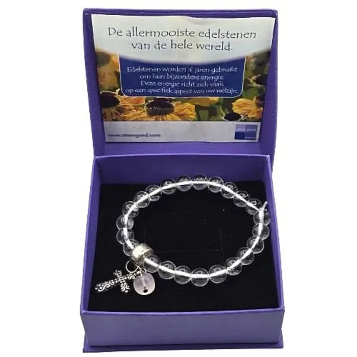 Armband Bergkristal & Rozenkwarts met Kruisje - 8mm