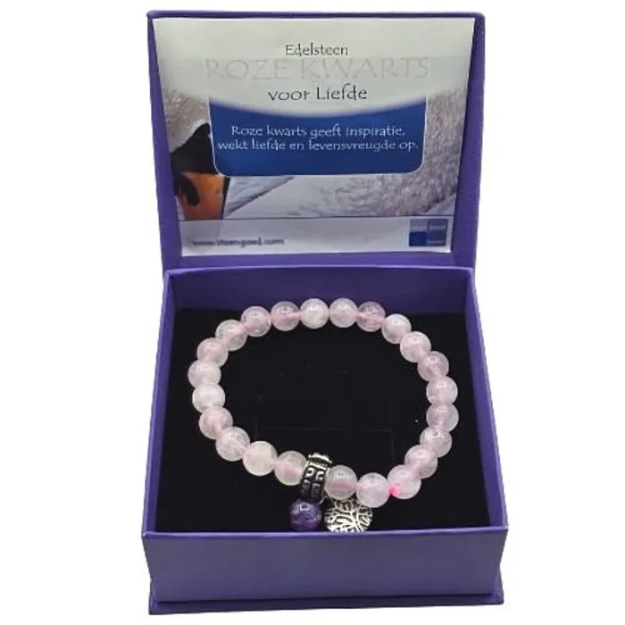Armband Rozenkwarts & Amethist met Levensboom - 8mm