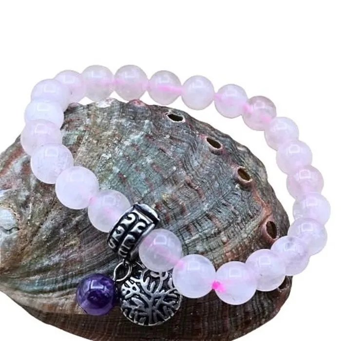 Armband Rozenkwarts & Amethist met Levensboom - 8mm