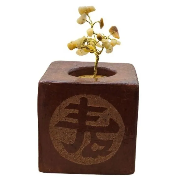 Keramieken Kubus Theelichthouder met Lang Leven Symbool – 8 cm – Multifunctioneel