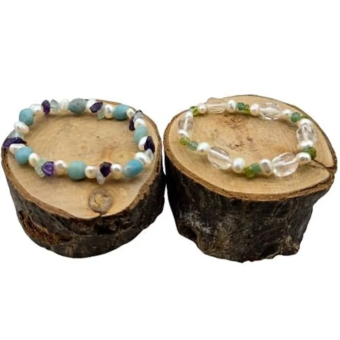 Set van 2 Edelsteen Armbandjes – Bergkristal & Amazoniet met Parel | Elastisch